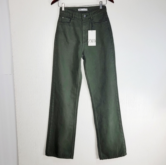Zara Jeans Nwt Zara High Waist Straight Leg Full Length Dark Green